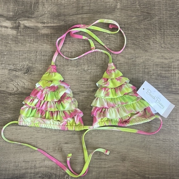 NWT Beach Bunny It Girl Lime Fuchsia Ruffle Bikini Top - Picture 3 of 6